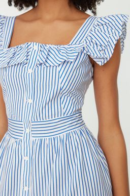 Mavi F?rf?r Yaka Detayl? Cizgili Midi Dokuma Gomlek Elbise TWOSS21EL1306