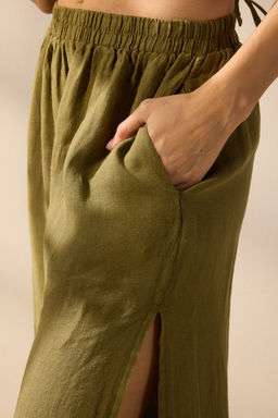 Haki Dokuma Y?rtmacl? %100 Keten Maxi Plaj Yuksek Bel Pantolon TBESS25PL00004