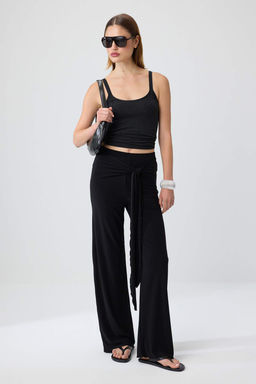 Siyah D_z Wide Leg Y_ksek Bel Uzun Ba_lama Detayl_ Esnek _rme Pantolon TWOSS26PL00244