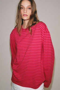 CAMISETA RAYAS ALGOD?N Y LINO / Rosa / Lila