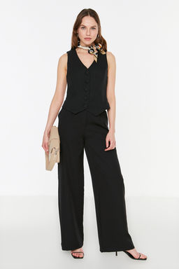 Siyah Fitted Dugmeli Crop Dokuma Yelek TWOSS21YE0009