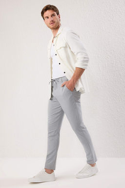 Ac?k Gri Slim Fit Beli Baglama Detayl? Lastikli Kumas Dokuma Pantolon TMNAW25PL00027