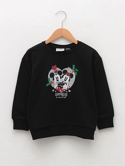 Bisiklet Yaka Minnie ve Mickey Mouse Bask?l? Y?lba?? Temal? Uzun Kollu K?z ?ocuk Sweatshirt