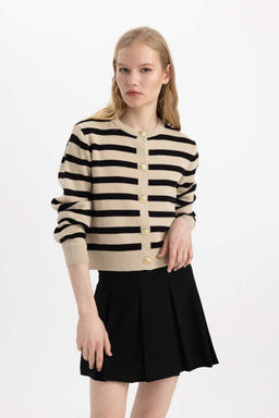 Полосатый кардиган обычного кроя с круглым вырезом - Defacto фото 3