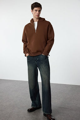 Kahverengi Oversize/Geni_ Kesim Fermuarl_ Kap__onlu __i Polarl_ Basic Sweatshirt TMNAW25SW00050 - Trendyolmilla фото 2