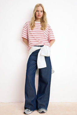 Pembe Cizgili Boxy Dusuk Kol K?sa Kollu Tok %100 Pamuk Orme T-Shirt TWOSS26TS00023 - Trendyolmilla фото 2