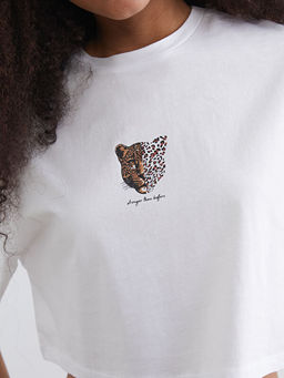 Bisiklet Yaka Leopar Bask?l? Oversize Kad?n Crop