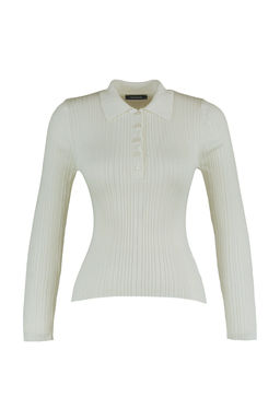Ekru Merserize Gorunumlu Polo Yaka Fitilli Triko Kazak TWOAW21KZ0773 - Trendyolmilla фото 6
