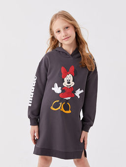 Kap??onlu Minnie Mouse Bask?l? Uzun Kollu K?z ?ocuk Elbise Anne K?z Kombini