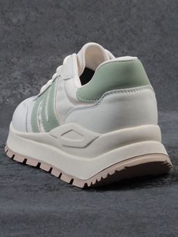 03-WG040-1M MILK/GREEN Кроссовки демисезонные женские (натуральная кожа)