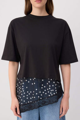 Siyah D_z Oversize/Geni_ Kal_p Puantiyeli Dantel Detayl_ _rme T-Shirt TWOSS26TS00337 - Trendyolmilla фото 3