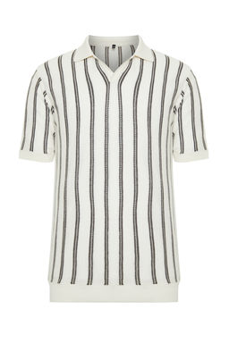 Ekru Regular Fit Cizgi Ajurlu Kac?k Pat Triko Polo Yaka T-Shirt TMNSS24PO00006