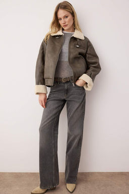 Fume Oversize Kal?p Pelus Detayl? Suni Deri Bomber Ceket Mont TWOAW26MO00010