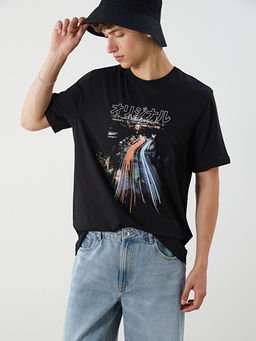 Bisiklet Yaka Bask?l? Penye Erkek Ti??rt