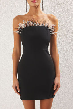 TRENDYOLMILLA Siyah Vucuda Oturan Otris Detayl? Dokuma K?sa S?k Elbise TPRSS25EL00195