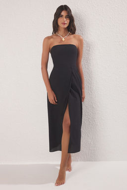 Trendyolmilla Cini Desenli Straplez Maxi Dokuma %100 Pamuk Plaj Elbisesi TBESS25EL00093