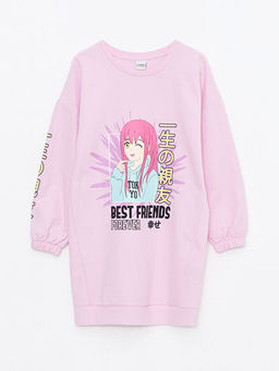 Bisiklet Yaka Bask?l? Uzun Kollu K?z ?ocuk Elbise