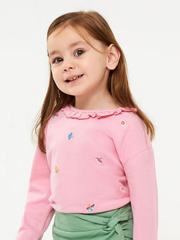 Bisiklet Yaka Uzun Kollu Nak?? Detayl? Organik Pamuklu K?z Bebek Ti??rt