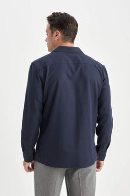 Темно-синяя текстурированная рубашка с длинным рукавом Снова в школу современного кроя с воротником-поло - Defacto фото 5