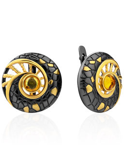 Круглые стильные серьги с чернением и золочением и янтарём Донателла
