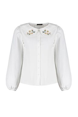 TRENDYOLMILLA Ekru Yakas? Nak?s Detayl? Pamuk Regular Normal Kal?p Dokuma Gomlek TWOSS23GO00009 фото 16