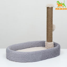 Лежанка с когеточкой Пижон, овальная, 55 х 36 х 47см, пушистый мех, джут, серая