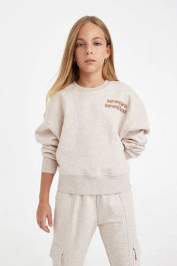 K?z Cocuk Relax Fit Bisiklet Yaka Bask?l? Sweatshirt