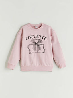 Bisiklet Yaka Fiyonk Bask?l? K?z ?ocuk Sweatshirt