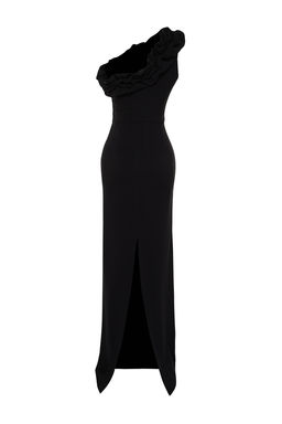 TRENDYOLMILLA Siyah Astarl? Volanl? Dokuma Uzun S?k Abiye Elbise TPRSS21AE0044  фото 8