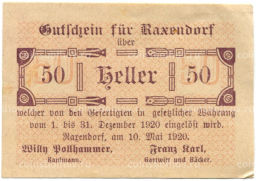 Банкнота 50 геллеров 1920 года Австрия  Раксендорф (нотгельд)