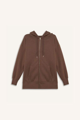 Oversize Genis Kal?p Kapusonlu Cepli Basic Duz Fermuarl? Sweatshirt - Defacto фото 2