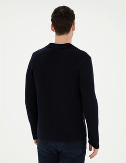 Koyu Lacivert Slim Fit Y_n Kar___ml_ D__meli Triko H_rka