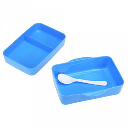 Ланч-бокс для продуктов пластмассовый Офисный обед 18,5х14,5см h10см, 2 уровня: 0,5л 17,7х11,8см h3,5см; 0,7л, 17х11,2см h5см, с ложкой 13,5см, крышка прозрачная, с клипсами, с уплотнителем, матовый пластик, цвета в ассортименте: фуксия, синий, жел - Домашняя мода фото 2