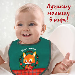 Нагрудник для кормления новогодний «Наше счастье, красная клетка», непромокаемый на липучке, с карманом, зеленый