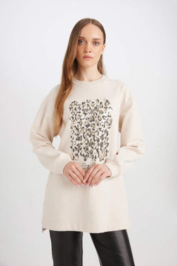 Тонкий свитшот-туника с круглым вырезом и принтом Relax Fit, подкладка из мягкого меха - Defacto фото 3