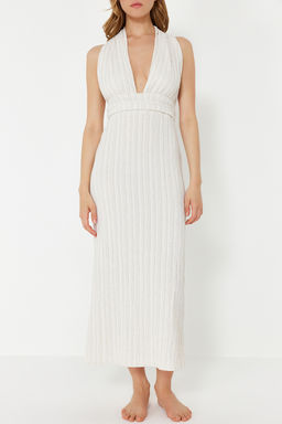 Plaj Giyim Ekru Dokuma S?rt Dekolteli Maxi Elbise TBESS24EL00096