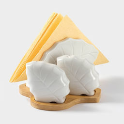 Набор фарфоровый для специй на бамбуковой подставке BellaTenero Листья, 4 предмета: солонка 120 мл, перечница 120 мл, салфетница, подставка, белый  фото 4