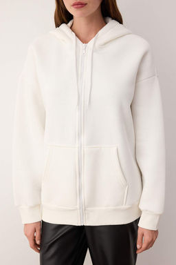 Ekru Oversize/Rahat Kesim Fermuarl? Kal?n Ici Polarl? Orme Sweatshirt TWOAW24SW00188