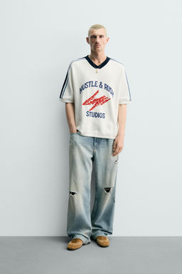 CAMISETA PUNTO RETRO BANDAS / Blanco roto
