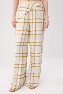 Bej Keten Kar___ml_ Ekoseli Beli _all_ Pantolon TWOSS26PL00241 - Trendyolmilla фото 3