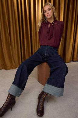 Koyu Mavi Paca Katlamal? Normal Bel Wide Leg Jeans TWOAW26JE00011