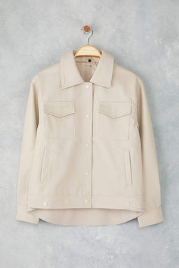 Ekru Oversize Kal?p Fonksiyonel Giyilebilir Suni Deri Ince Ceket Mont TWOAW26MO00068