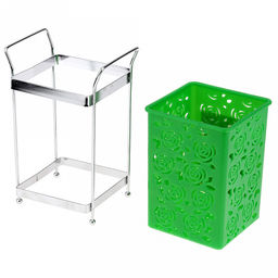 Подставка хромированная для столовых приборов "Розы" 12х10х18см, на ножках, пластмассовая вставка 10х10см h13,5см, цвета в ассортименте: белый, розовый, зеленый (Китай)