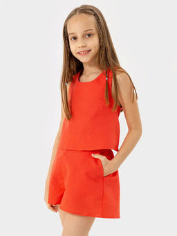 Комплект для девочек (топ, шорты) в ярко-красном цвете, из льна и хлопка