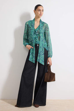 Yesil Sal Desenli Boho Transparan Sifon Dokuma Bluz TWOSS26BZ00216