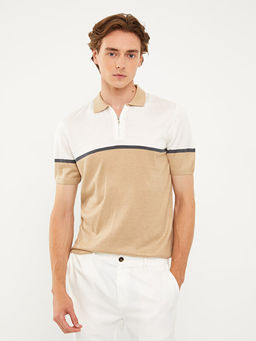 Polo Yaka K?sa Kollu Renk Bloklu Erkek Triko Kazak