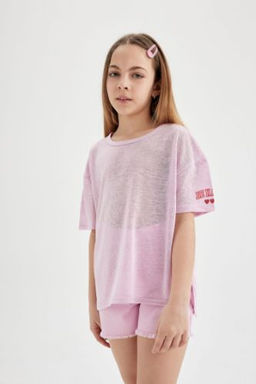 K?z Cocuk Oversize Genis Kal?p Bask?l? K?sa Kollu Tisort