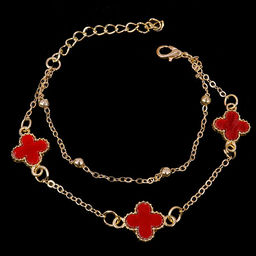 Браслет на ногу Клевер в красной глазури с золотой цепочкой, металл