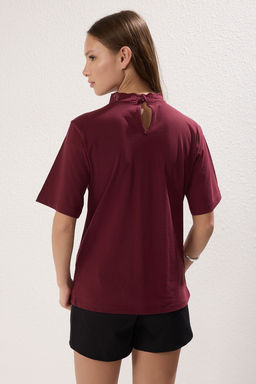 Bordo Brodeli Dik Yaka Basic Regular/Normal Kal?p Pamuklu Orme Bluz TWOSS23BZ00879