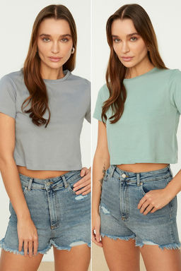 Gri-Mint 2li Paket %100 Pamuk Crop Bisiklet Yaka Orme T-Shirt TWOSS20TS1480
